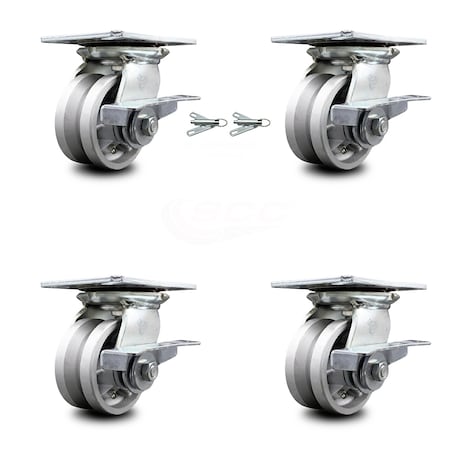 Service Caster 4 Inch V Groove Semi Steel Caster Set with Ball Bearing 4 Brake 2 Swivel Lock SCC-35S420-VGB-SLB-BSL-2-SLB-2